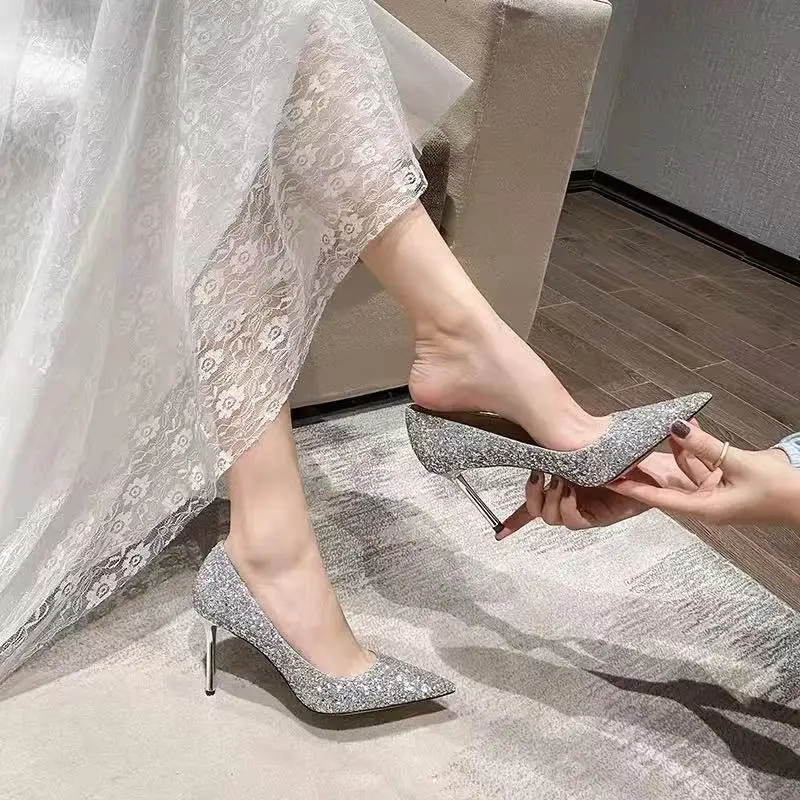 Sexy Pumps Women Shoes Wedding Shoes New Pointed Stiletto High Heel Crystal Shoes Bridesmaid Bride Silver Sequin Dress Shoes