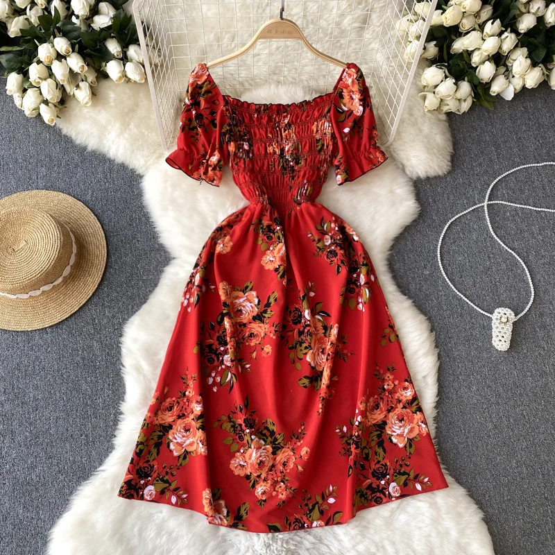 

2023 New Summer Women Sexy Square Collar Elastic Slim Mini Dress Korean Chic Sweet Retro Floral Dress