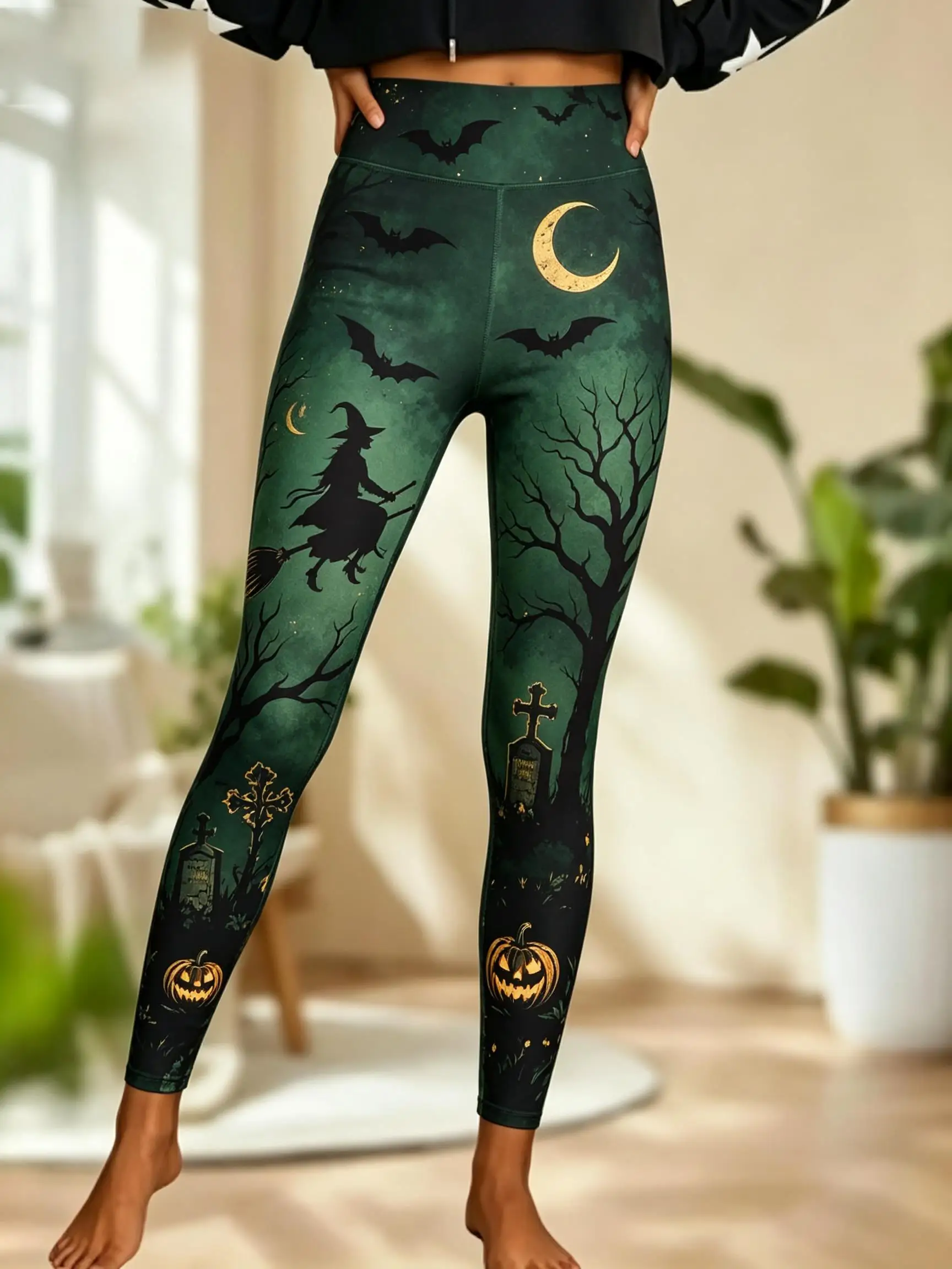 Women Halloween Fleece Mid‑Rise Leggings Witch Full Moon Tombstone Pumpkin Bat Print Stretch Slim Pants - view 3