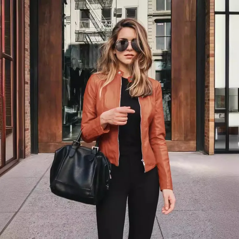 Autumn Winter Women's PU Leather Jacket Zipper Stand-up Motorcycle Coats Fashion Casual Female Biker Outerwear