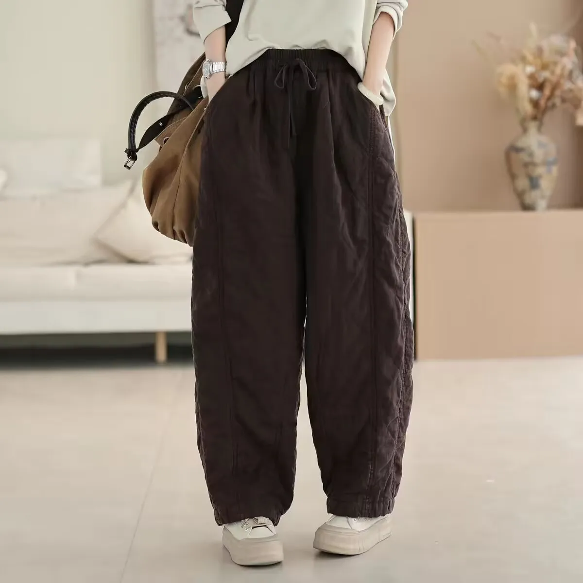 Authentic Winter Thickened Large Size Casual Loose Diamond Pattern Cotton Linen Women's Pants Comfortable Breathable Natural ...