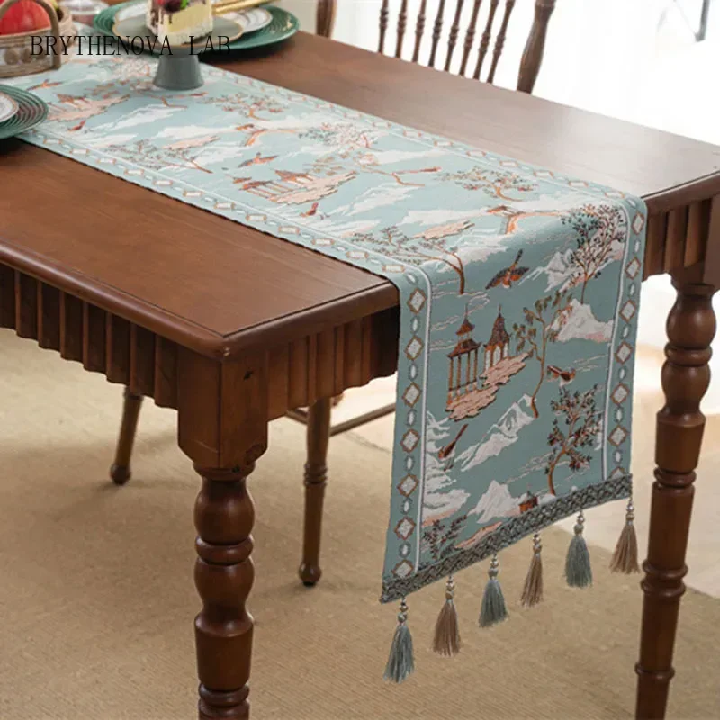 Chinese Yarn-Dyed Jacquard Table Runner Ethnic Fringed Polyester Dining Decor Table for Party Anti-scratch Dust-proof Tablecloth