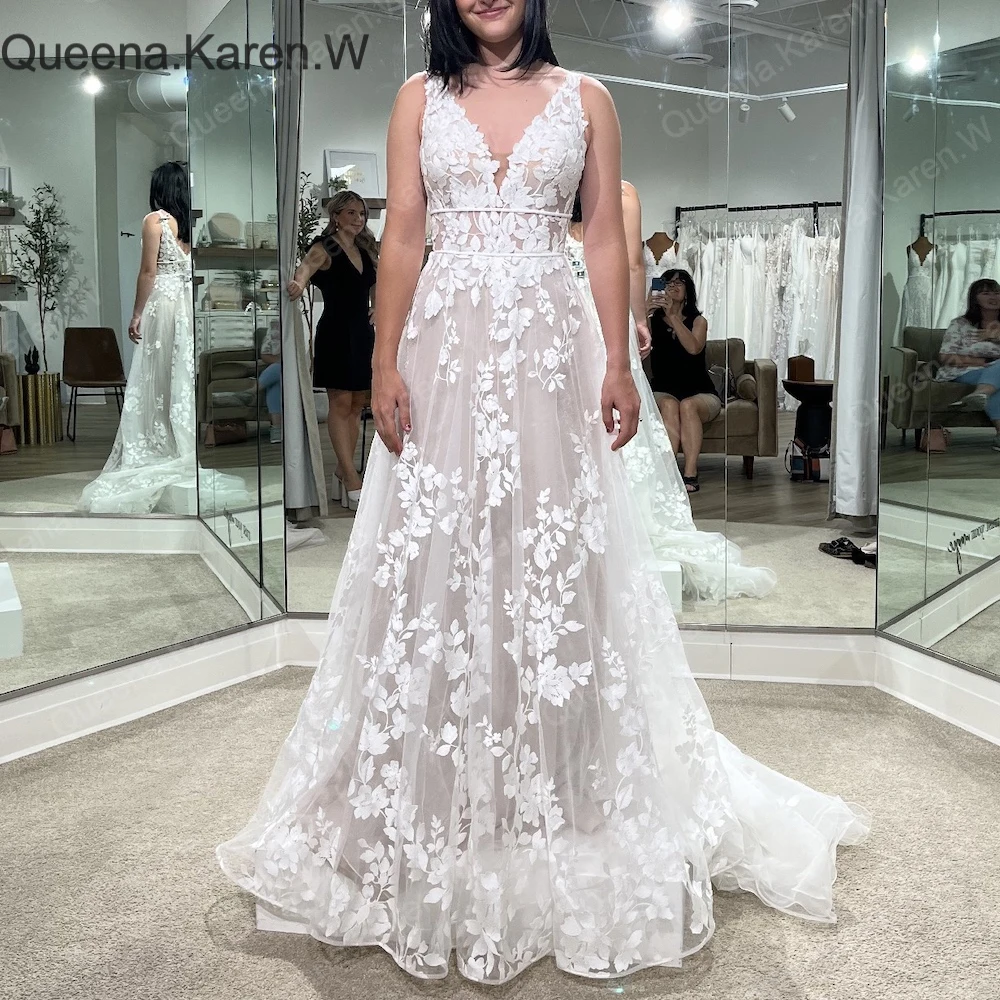 Queena.Karen.W Elegant A line Wedding Dress V Neck lace applique bride dress robe de mariee A line Wedding Bridal Gown