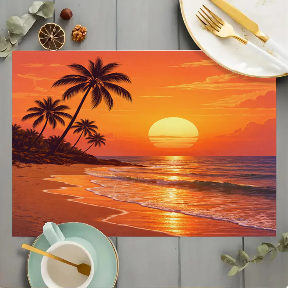 1 pc Sunset Beach Palm Square Placemats, Elegant Design for Kitchen Dining Table Coffee Table Home Decoration