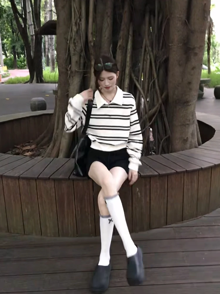 Korean Contrast Color Stripe  Ne Long Sve T-irt Women's Autumn New Loose ort Sle College Wind Sweatirt