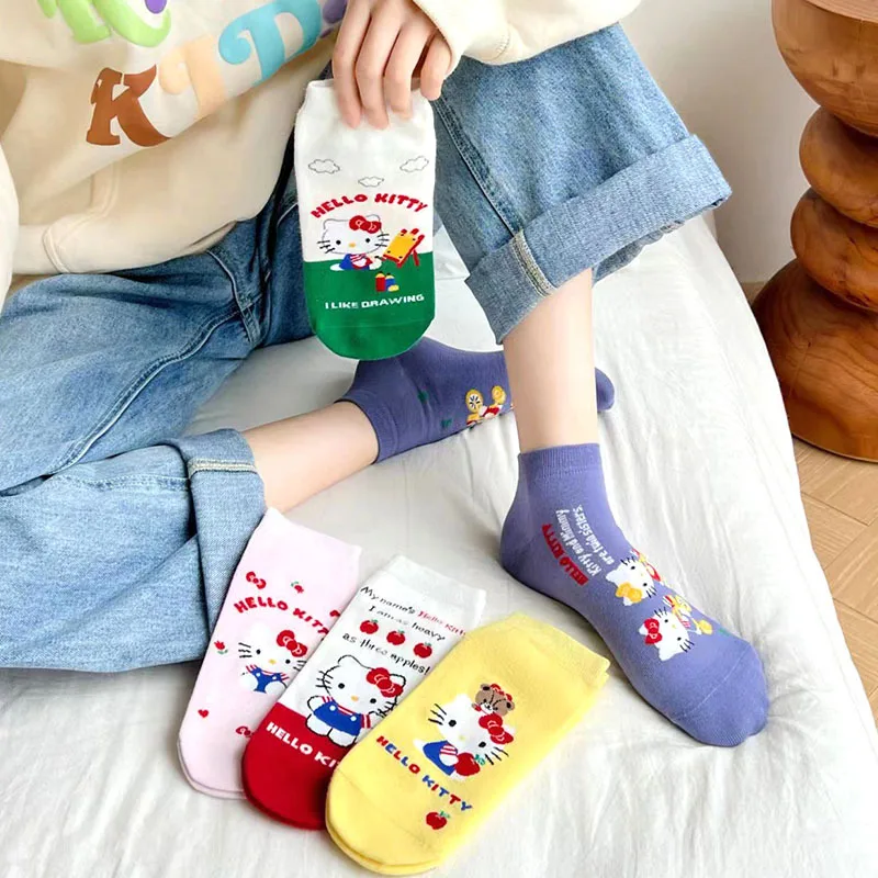 

5 Pairs Hello Kitty Sanrio Socks Anime Kawaii Spring Summer Average Size Cartoon Anime Cotton Boat Socks Ladies Gift