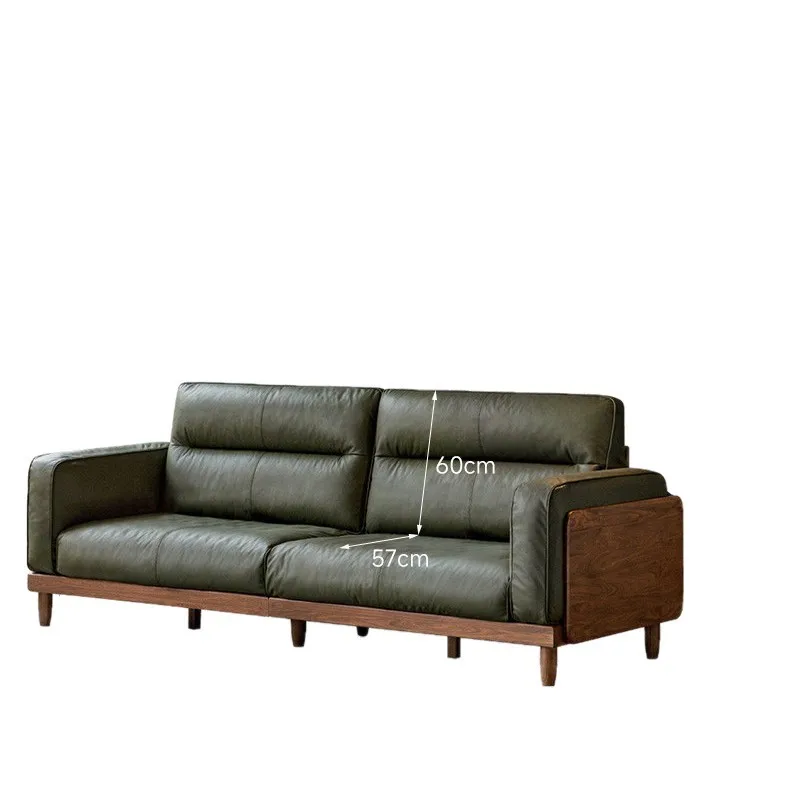 

First layer cowhide walnut solid wood frame straight row three-person small apartment living room leather sofa