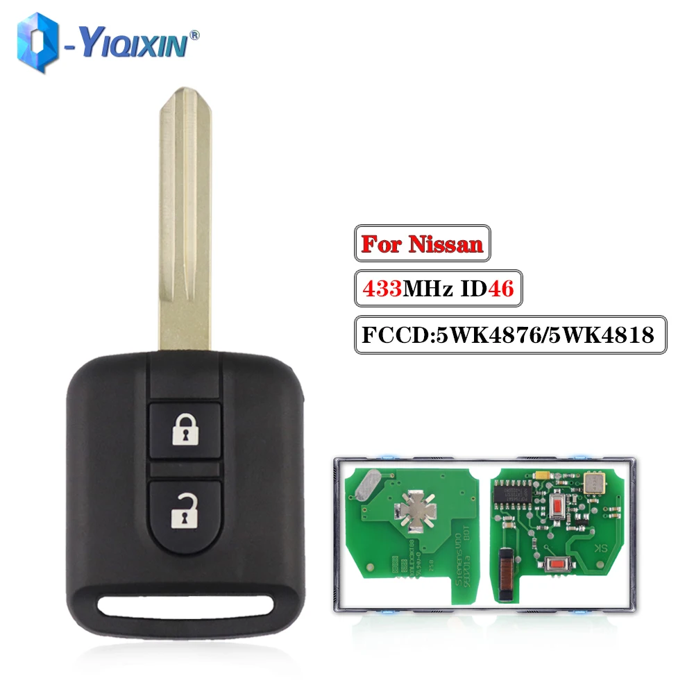 Yiqixin remoto chave do carro 2 botões id46 chip 5wk4876 5wk4818 para nissan cabstar f24m k12 elgrand X-TRAIL qashqai navara micra nota