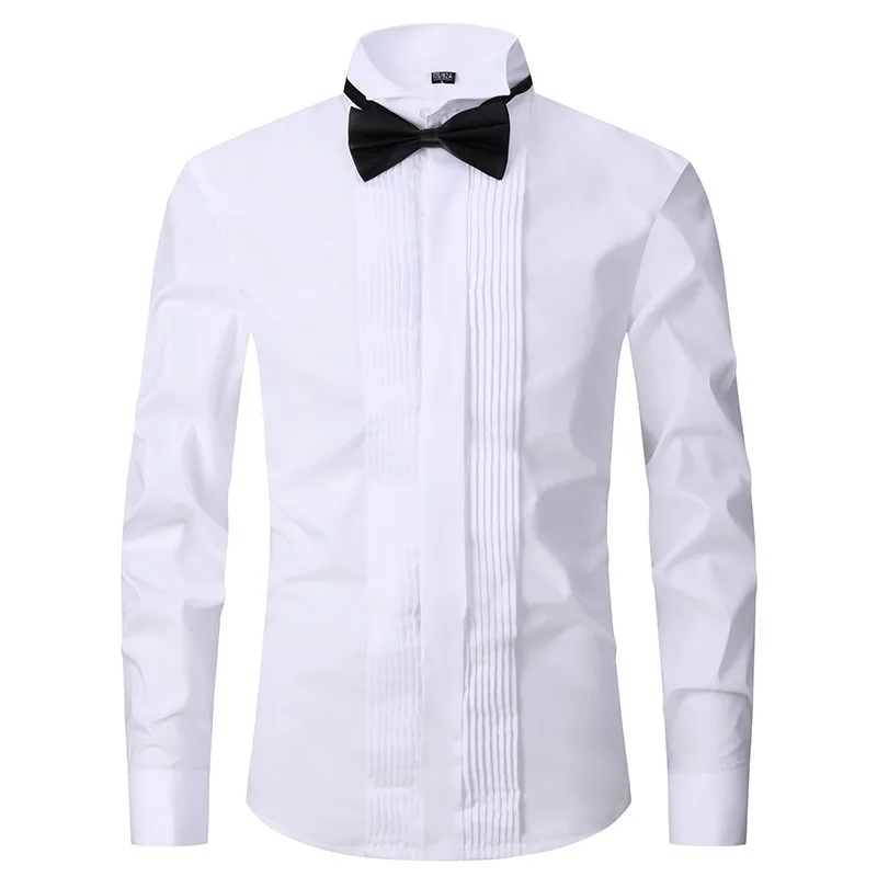 8XL Classic Winged Collar Dress Shirt Men's Wingtip Tuxedo Formal Shirts with Red Black Bow Tie Party Dinner Wedding Bridegroom