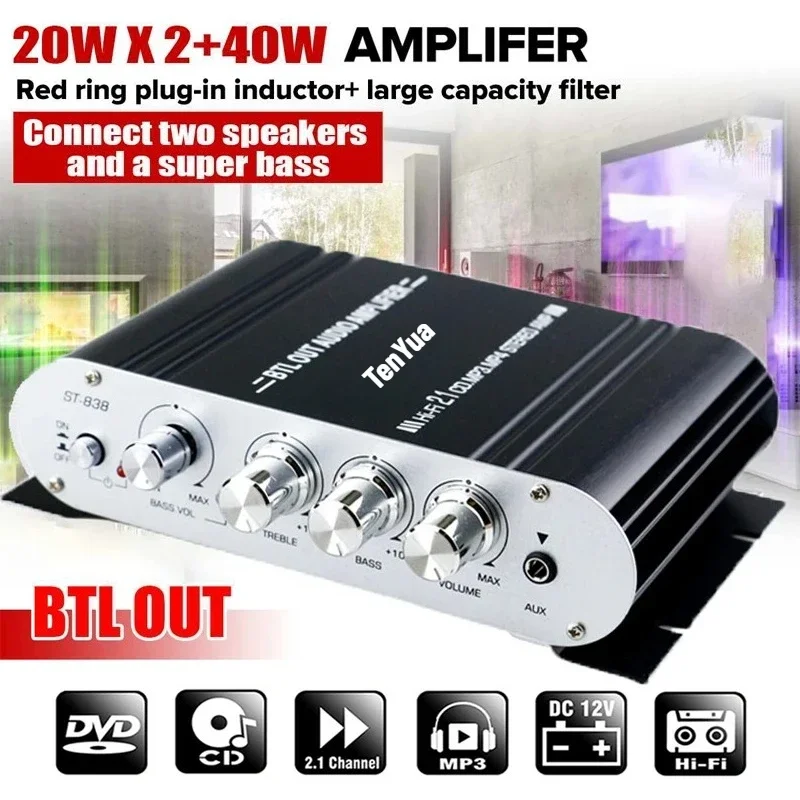 ST-838 HiFi 2.1 قناة مكبر كهربائي ستيريو باس الصوت أمبير RMS 20Wx2 + 40 واط فئة D مشغل وسائط صغير MP3 سيارة سوداء المنزل تضخيم #2