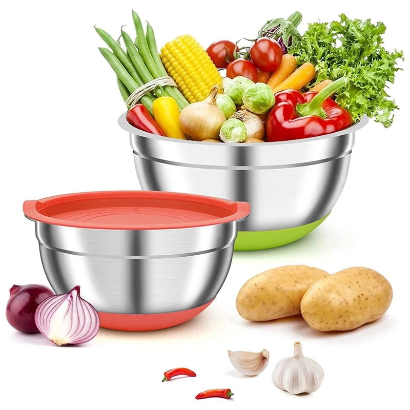 A44M 2 Pack Mixing Bowls with Airtight Lids, Colorful Stainless Steel Metal Nesting Bowls for Kitchen, Non-Slip Silicone