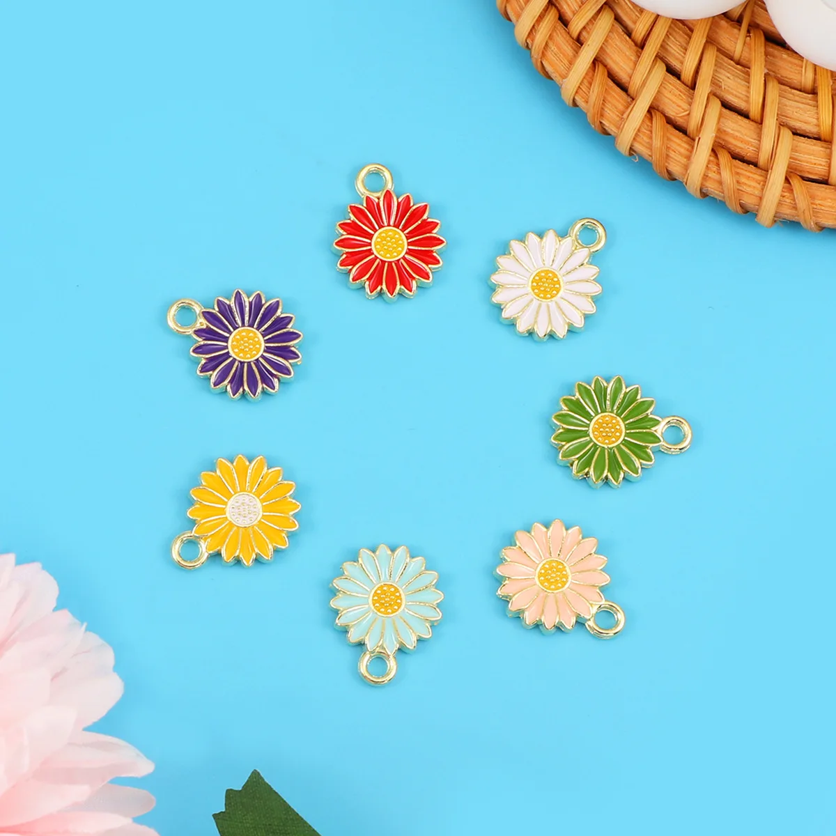 

10Pcs7Colors Alloy Metal Enamel Drop Oil Colorblock Daisies Charm Flower Plant Pendant For DIY Bracelet Necklace Jewelry Making