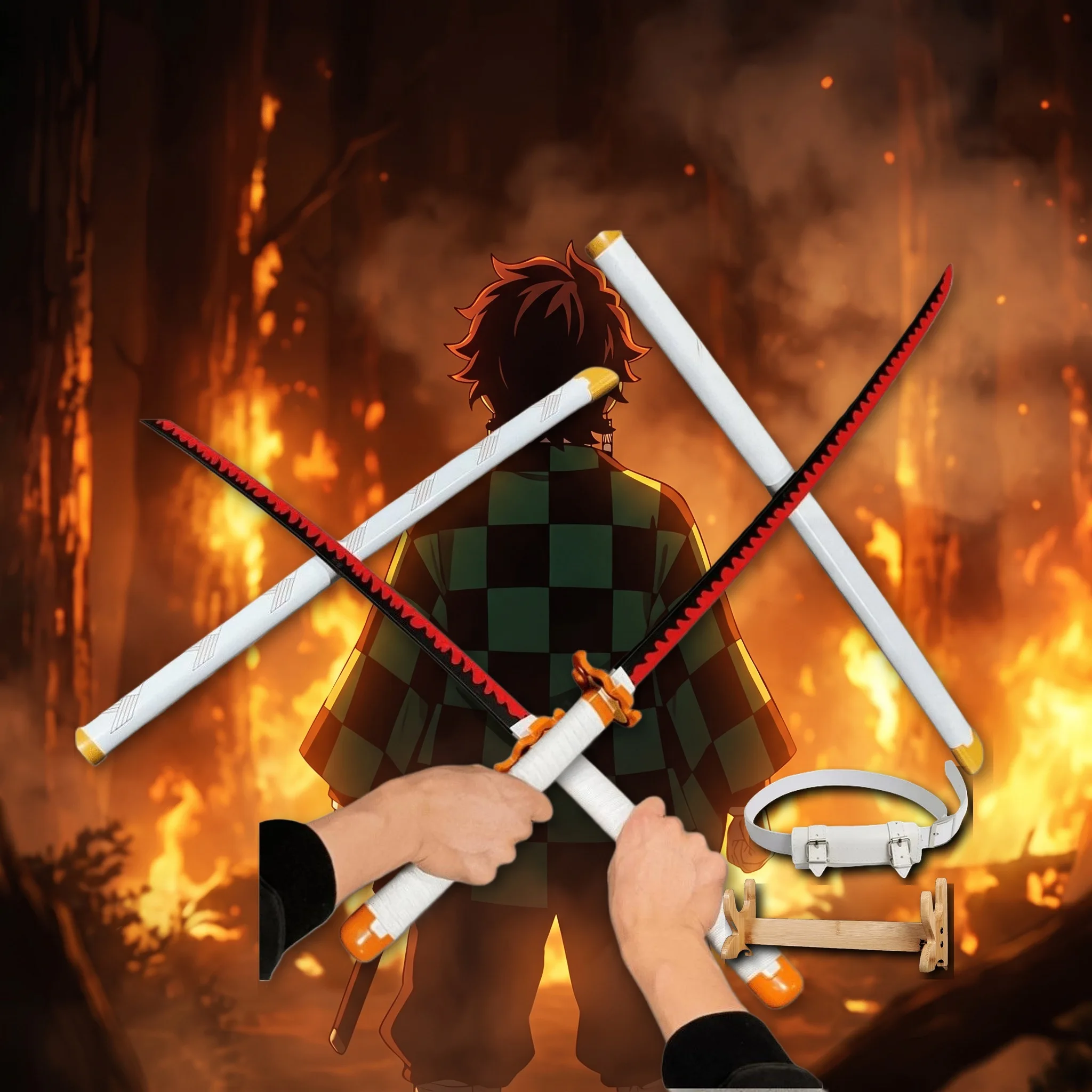 Multi Size Demon Slayer Tanjiro Katana Sword Sabre Blade Set Stand Belt Ninja Knife Schwert Plastic Cosplay Display Photo Prop