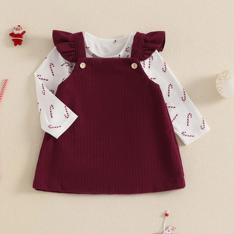 

RUEWEY 0 to 24 Months Christmas Baby Girls Dress Sets Spring Autumn Clothes Long Sleeve Candy Cane Bodysuit with Suspender Dress