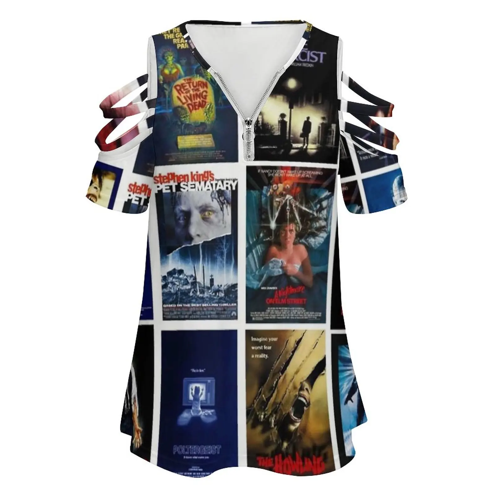 Horror Films From The 1980's Women's T-Shirt New Fashion Printed Zipper V-Neck Short Sleeve T Shirts Casual Plus Size Classic