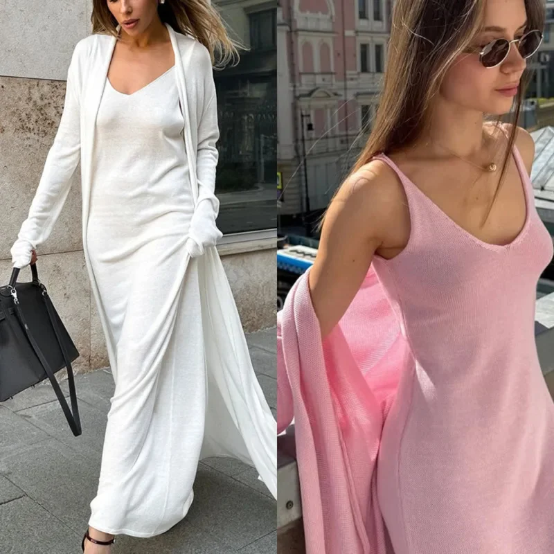 

Women’s Knit Long Dress Set With Cover-Up 2 Piece Outfits Ribbed V-Neck Loose Fit Elegant Party Looks Soft Casual Knitwear 2025