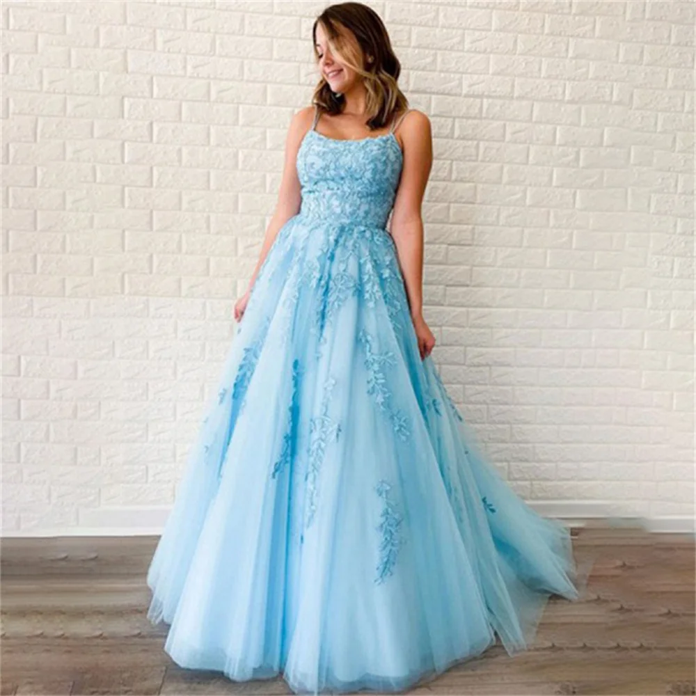 

Lily A-line Lace Charming Prom Dress Gown Spagheitt Straps Formal Gown Appliques Lace Sky Blue Evening Gown vestidos de noche