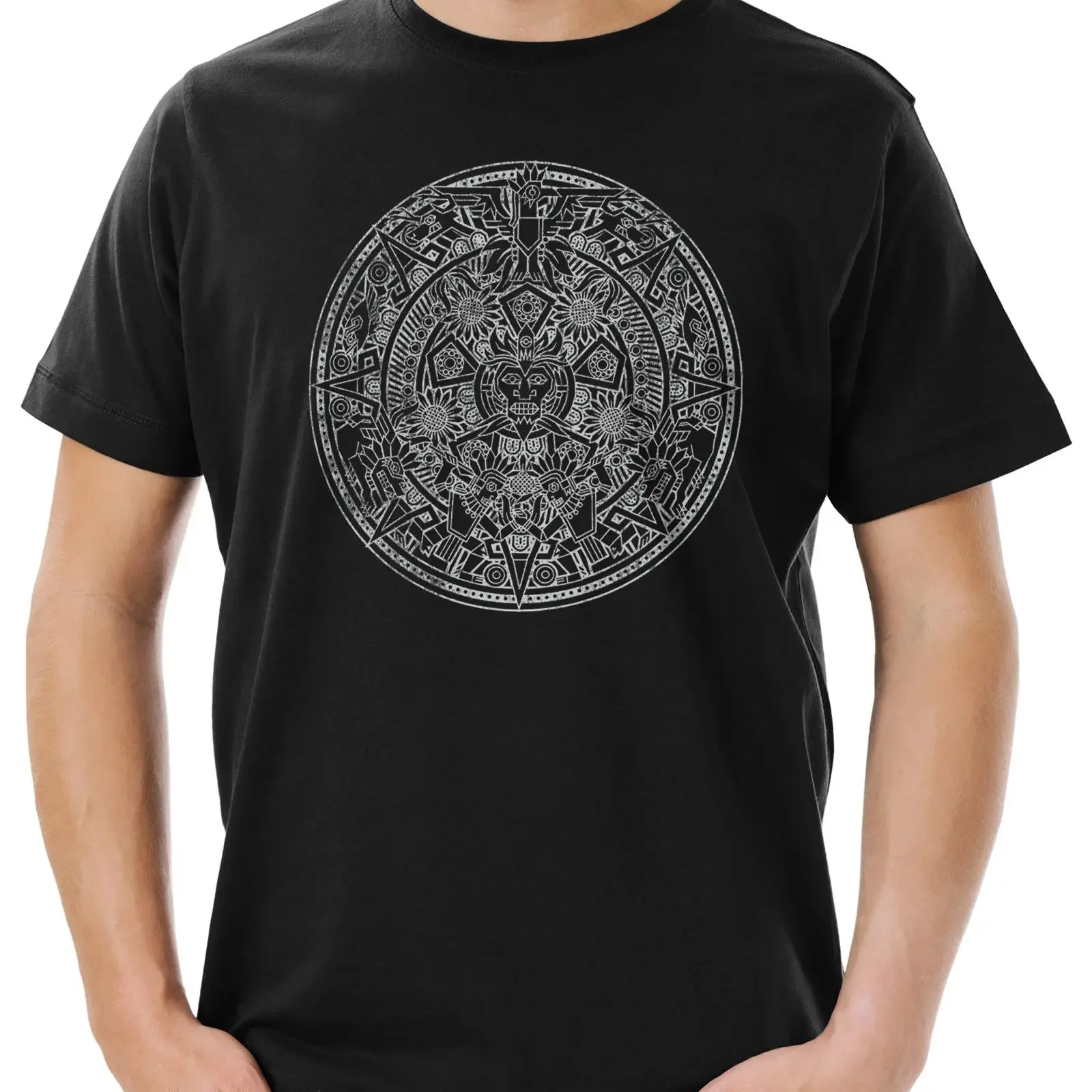Urban Backwoods Men's Aztec Mayan Calendar Mandala Print T Shirt Ancient Mexican Indians Casual vintage Washed Soft Stretched