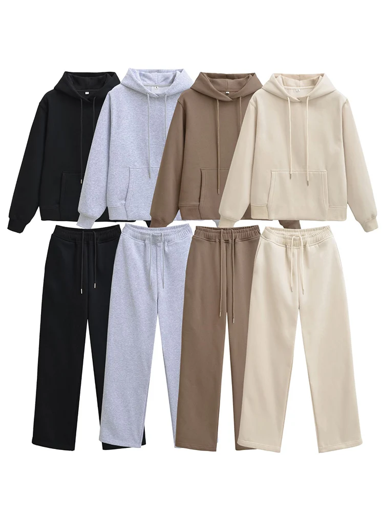 HH Damen Casual Einfarbig Basic Kapuzenpullover + Hohe Taille Schnürhose mit weitem Bein Lose Bürodame Streetwear-Sets
