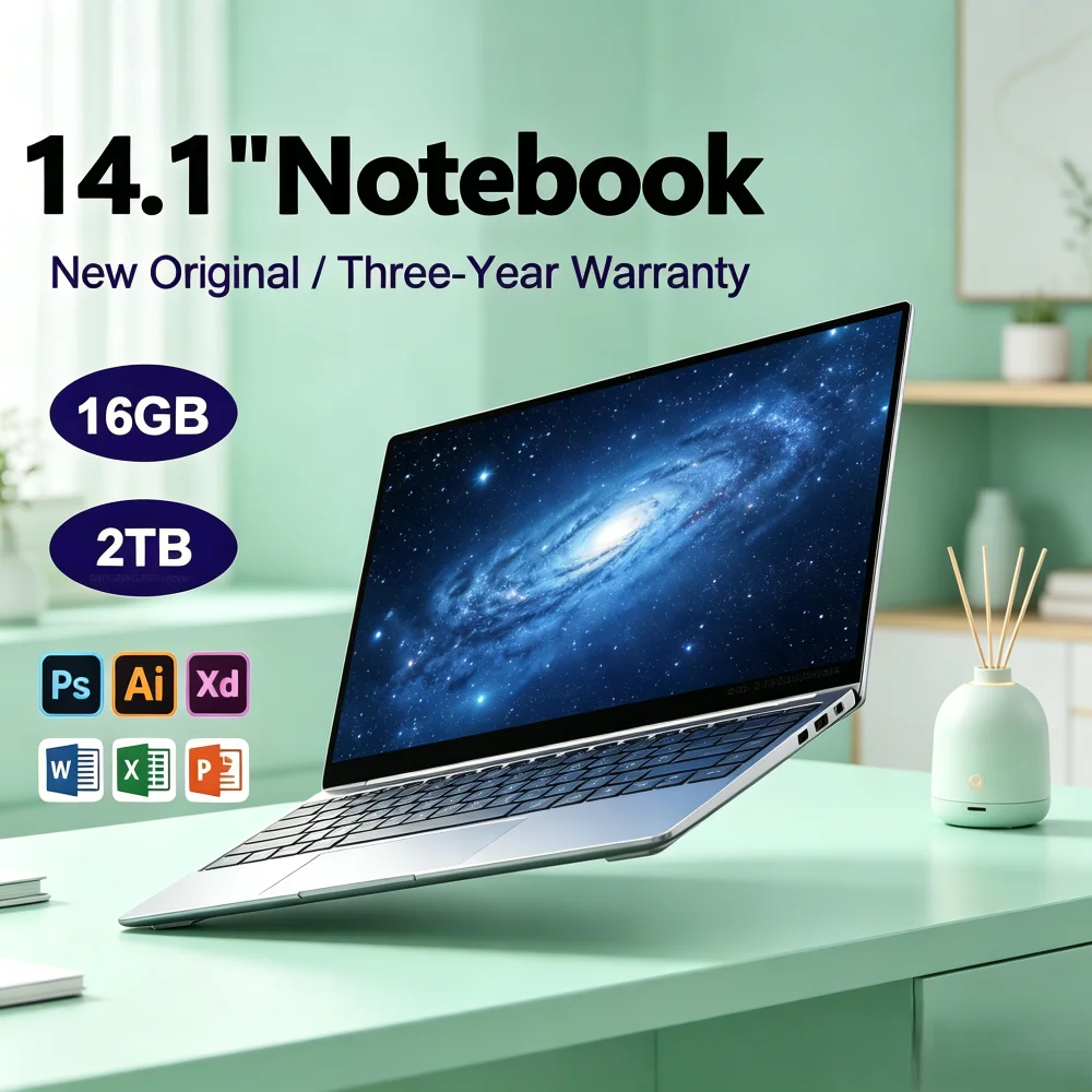 Portable 14.1" Ultra-Thin Lightweight Laptop High Refresh Rate Screen, Powered by Intel N3700, 16GB RAM + 2TB SSD, Windows 11 P