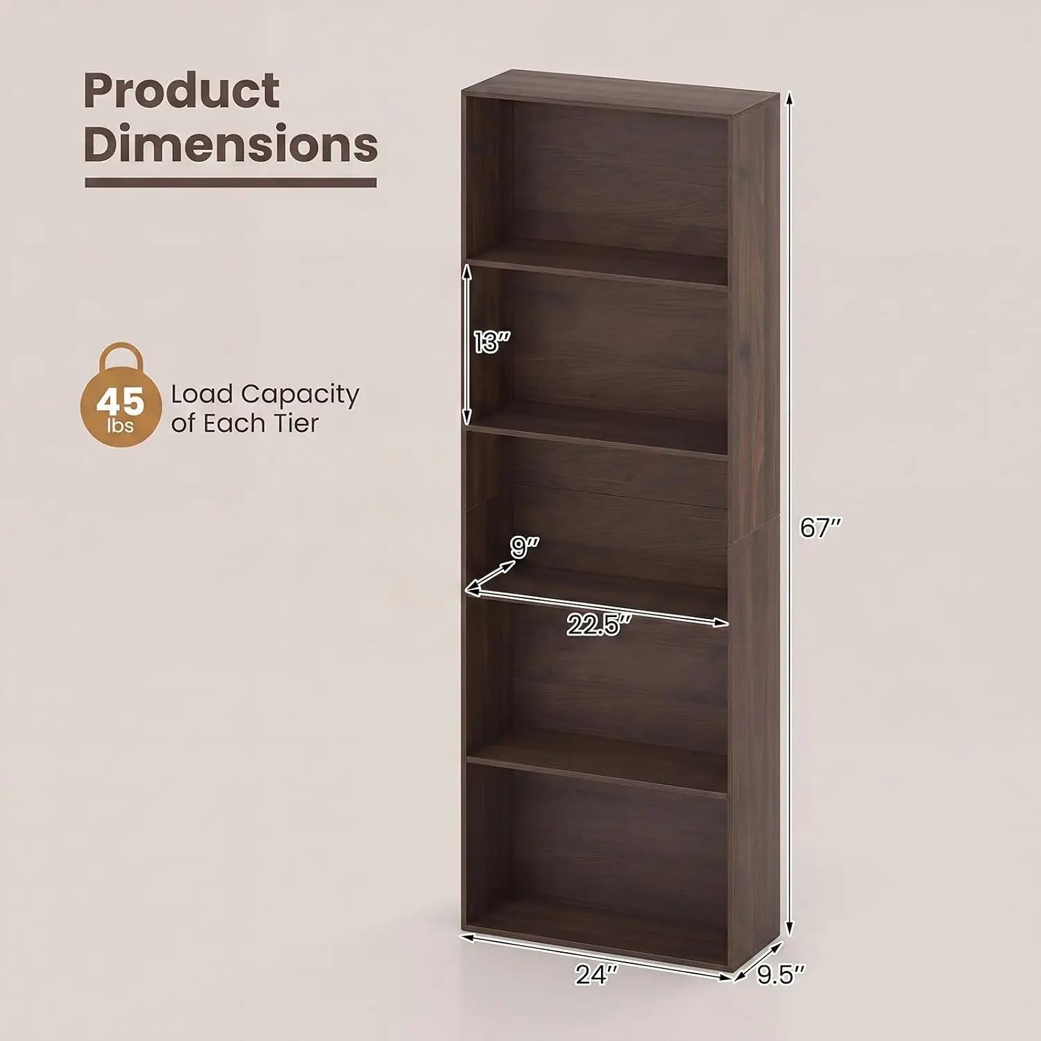 67-inch 5-Tier Bookshelf, Freestanding Open Bookcase (2, Dark Walnut), Customized