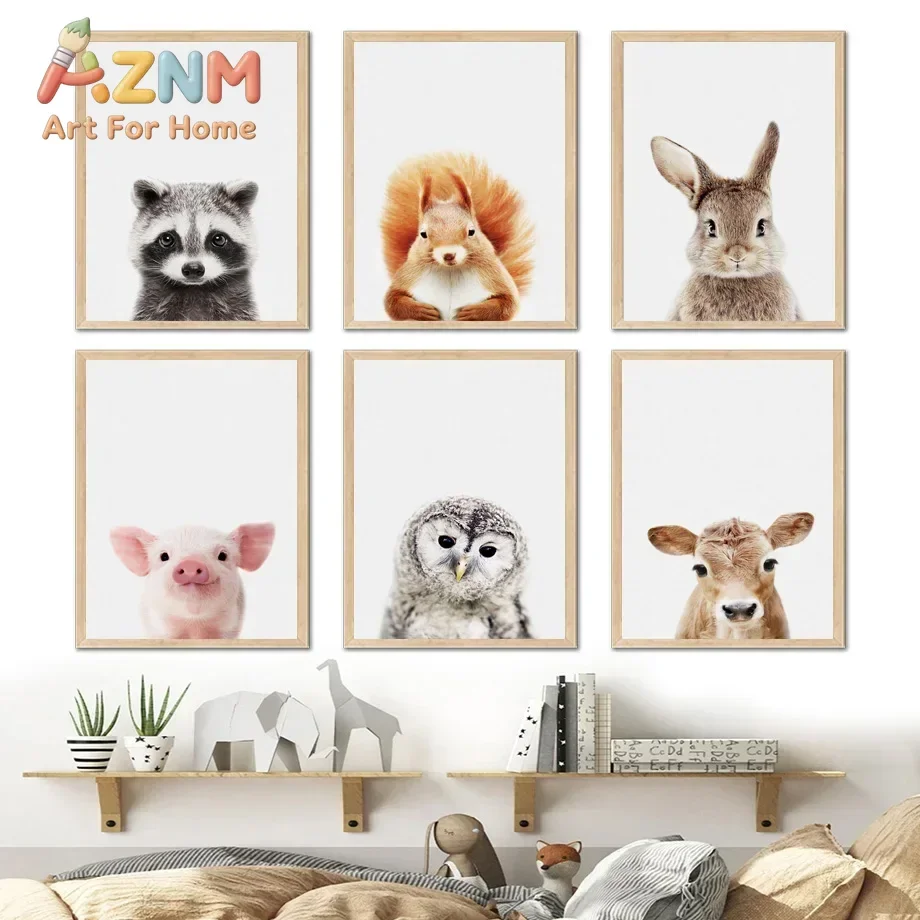 AZNM Cute Forest Baby Animal Canvas Print, Raccoon Squirrel Rabbit Pig Owl Calf Portrait Art Unframed Nursery Wall Poster