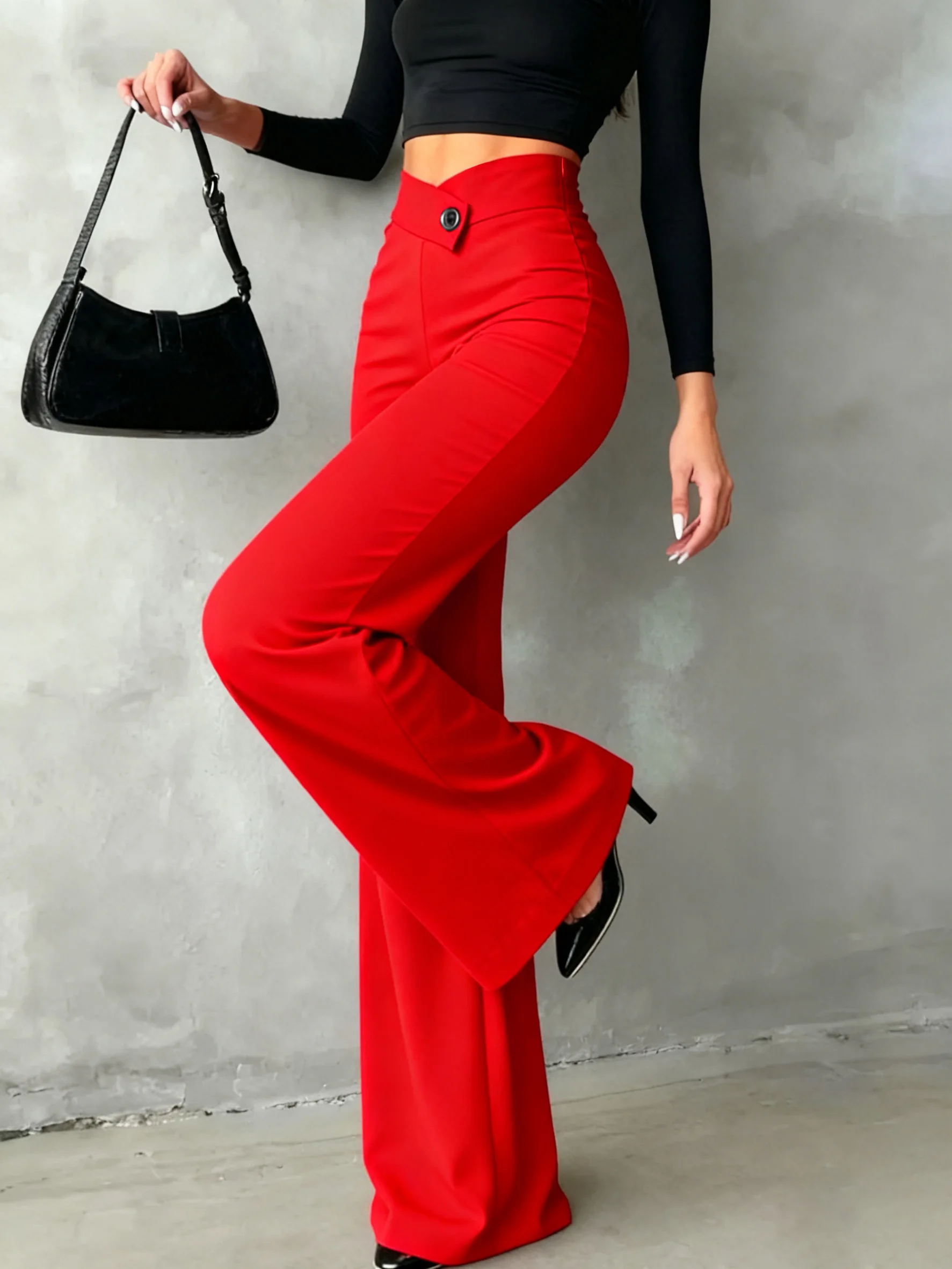 여성용 블랙 캐주얼 엘레강스 스트레이트 팬츠, 백투스쿨, 비대칭 V라인 허리라인이 곡선을 강조해줍니다