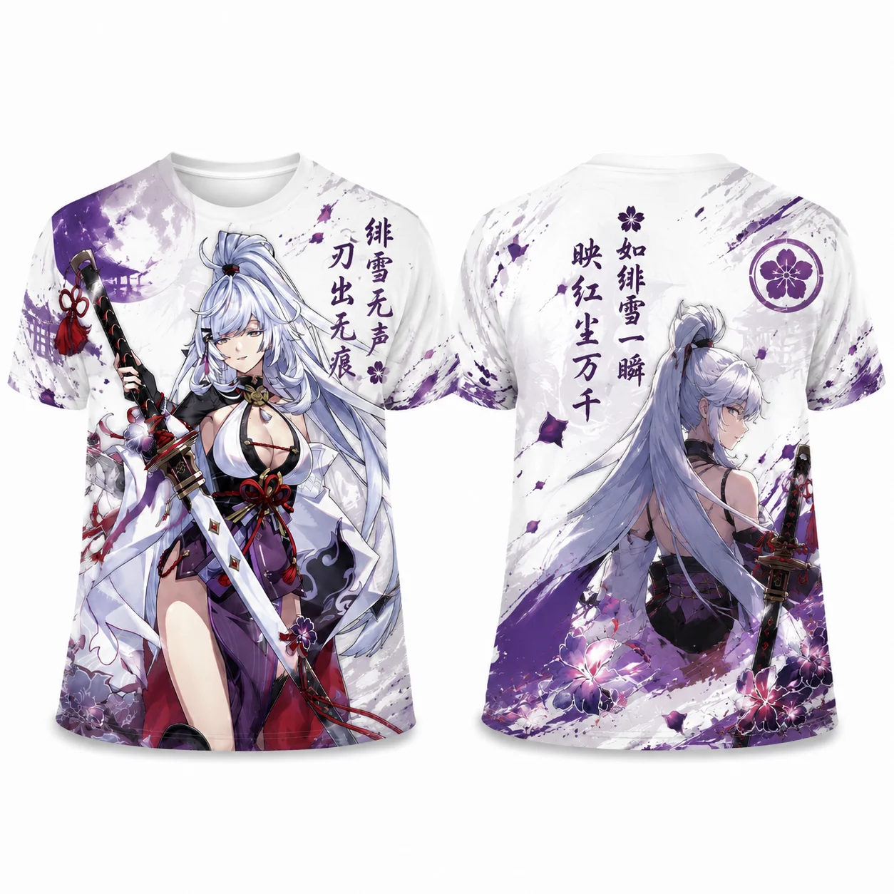 Unisex Wuthering Waves Shorekeeper T‑Shirt Purple Sakura Samurai Anime Girl Graphic Short Sleeve Casual Game Tee Tops