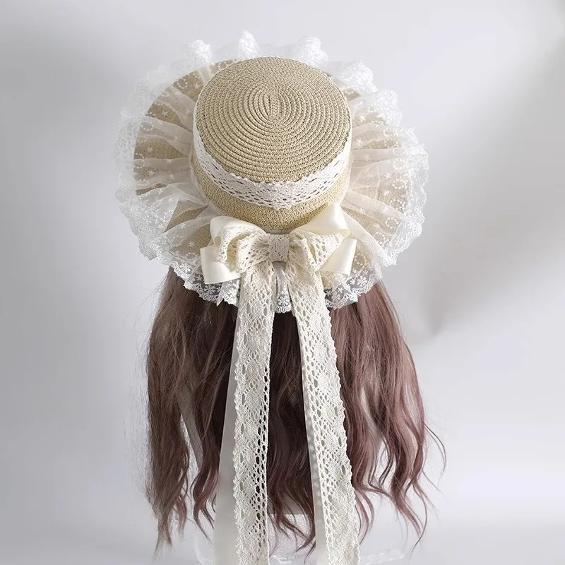 Harajuku Women Prairie Chic Straw Hat Beach Sun Hat Handmade Girls Sweet Lolita Style Cosplay Kawaii Lace Bow Ribbon Straw Hats