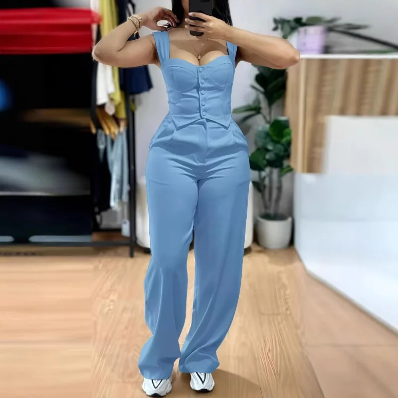 2025 Women's Set Elegant Strap Short Tight Tank Top Casual Wide Leg Pants Commuter Spring/Summer New Style