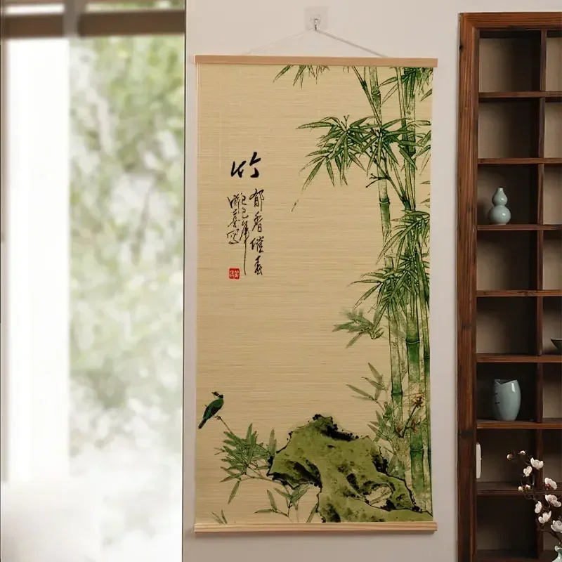 Customized 1pc Bamboo Roller Shutter Painting Decoration of Entrance Corridor Foyer Chinese Style Tea Room Hanging Paintings