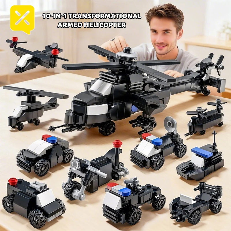 

Transformational Armed Helicopter Building Block Set Police Vehicles Aircrafts Educational Construction Toy for Kids Enthusiasts