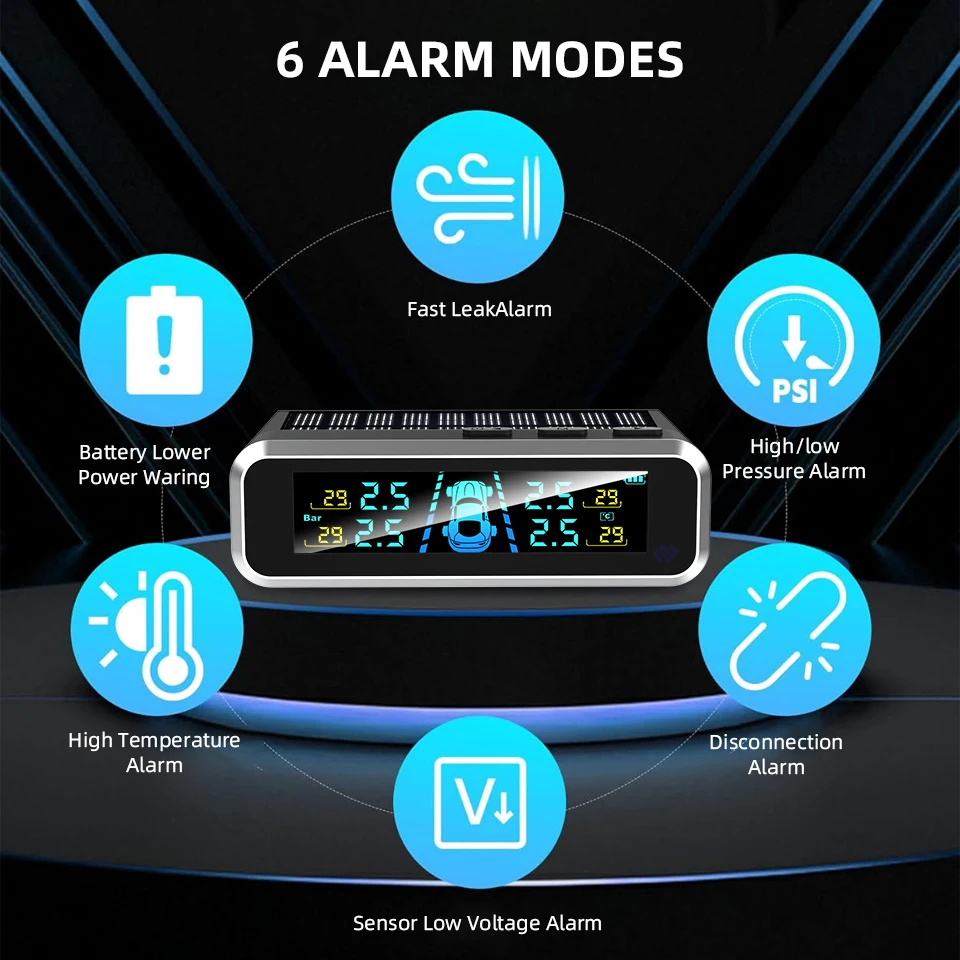 Dynamic UI Auto Tire Pressure Monitor System USB/Solar TPMS RV Auto Safety Alarm System Digital LCD Display Screen With 4 Sensor