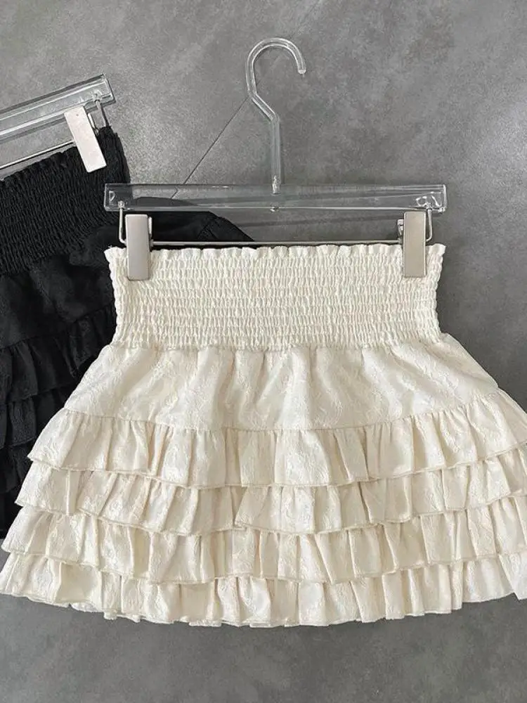 Streetwear Y2k Ruffles Mini Skirts Women Sweet Kawaii High Waist Lace A Line Skirt Summer Korean Fashion Black Ball Gown Skirts