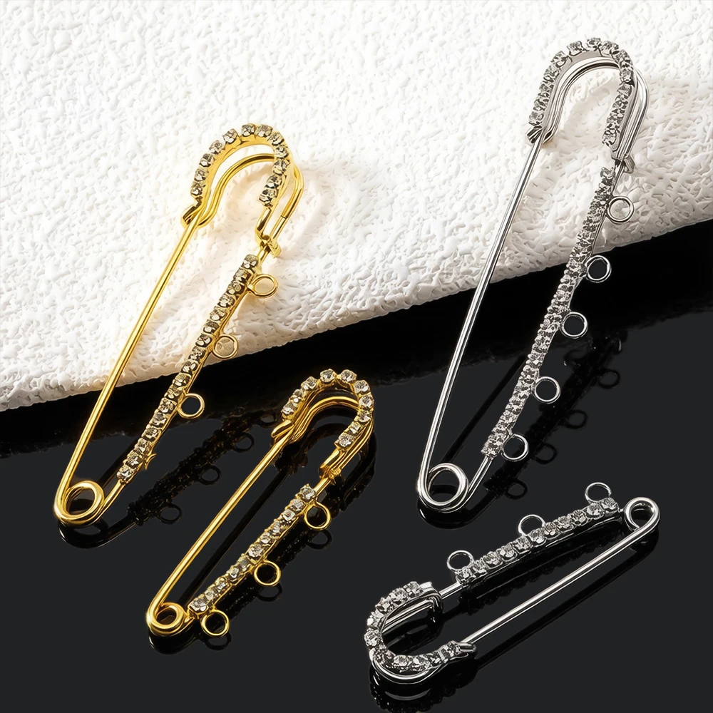 5pcs Rhinestone Large Safety Pins Brooches Blank Base With 3/4/5 Loops For Handmade Jewelry Making Supplies Accessories Findings
