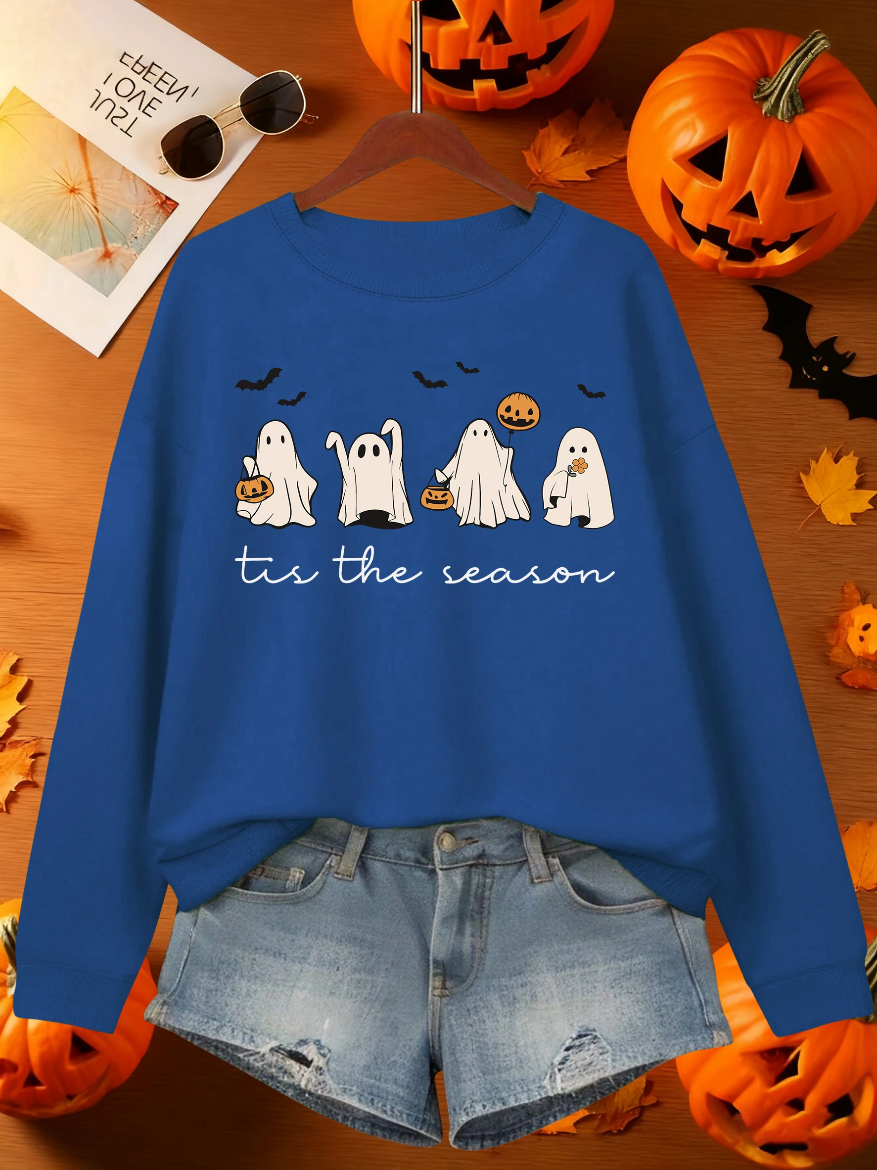 سعيد هالوين الإبداعية شبح مطبوعة النساء البلوفرات y2K عادية بلوزة من الصوف س الرقبة الخريف الملابس لينة كل مباراة