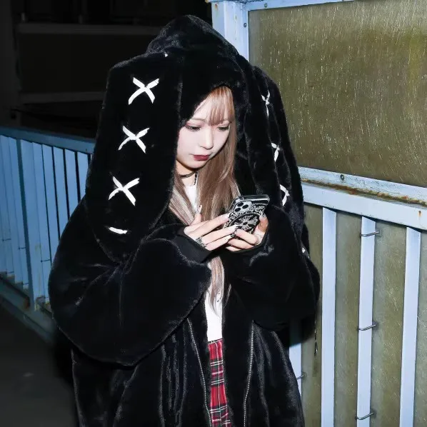 GC 2026 Winter Clothing Women's Jackets Harajuku Rabbit Ears Punk Black Coats Thicked Furry Zipper Oversized Y2k Tops Ropa Mujer