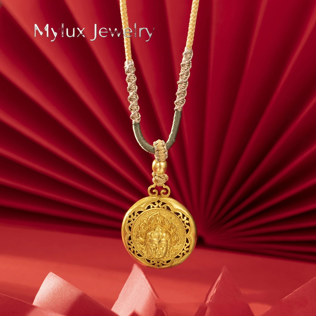 Mylux Jewelry Luxury design 24K real gold Buddha head eight treasure compass pendant men and women necklace au999 pure gold fine