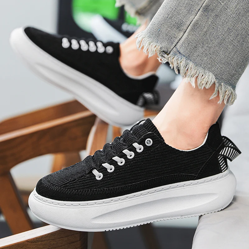 Corduroy Shoes for Men Sneakers 2024 Spring Non-slip Comfortable Student Men's Shoes Breathable Low-cut Men's Thick-soled Shoes