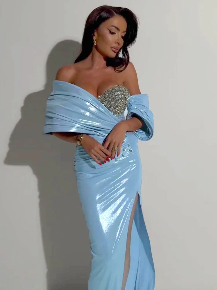 

Elegant Blue Off-Shoulder Crystal Embellished Dress – Sexy Slit Evening Gown for Women Backless Slim Bodycon Party Vestidos