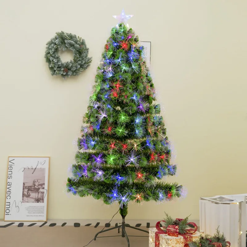 6ft With Stars PVC Material Fiber Optics 36 Lights With Snowflakes Colorful Color Change 230 Branches Christmas Tree Green