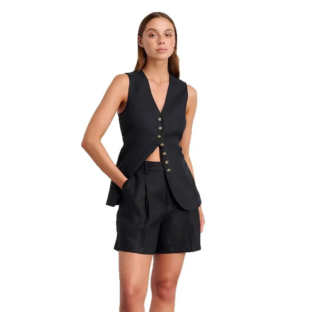 Conjunto de Colete e orts Faionável para o Dia a Dia Sexy Casual Traje de Duas Peças com Decote em V e Botões para Mulher...