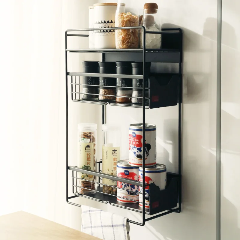 Magnetic Refrigerator Side Storage Rack Pull Out Carbon Steel Kitchen Organizer One To Three Tiers Black Or White Sliding