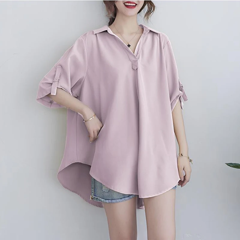 Chemise en mousseline de soie mi-longue à manches courtes pour femmes, haut féminin polyvalent, décontracté, taille Amincissante, été, nouveau, 2024