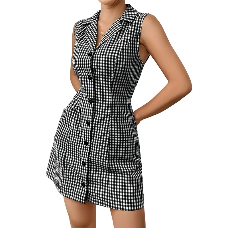 ABRT-Vestiti corti abbottonati da donna Abito camicia senza maniche a linea A con tasca