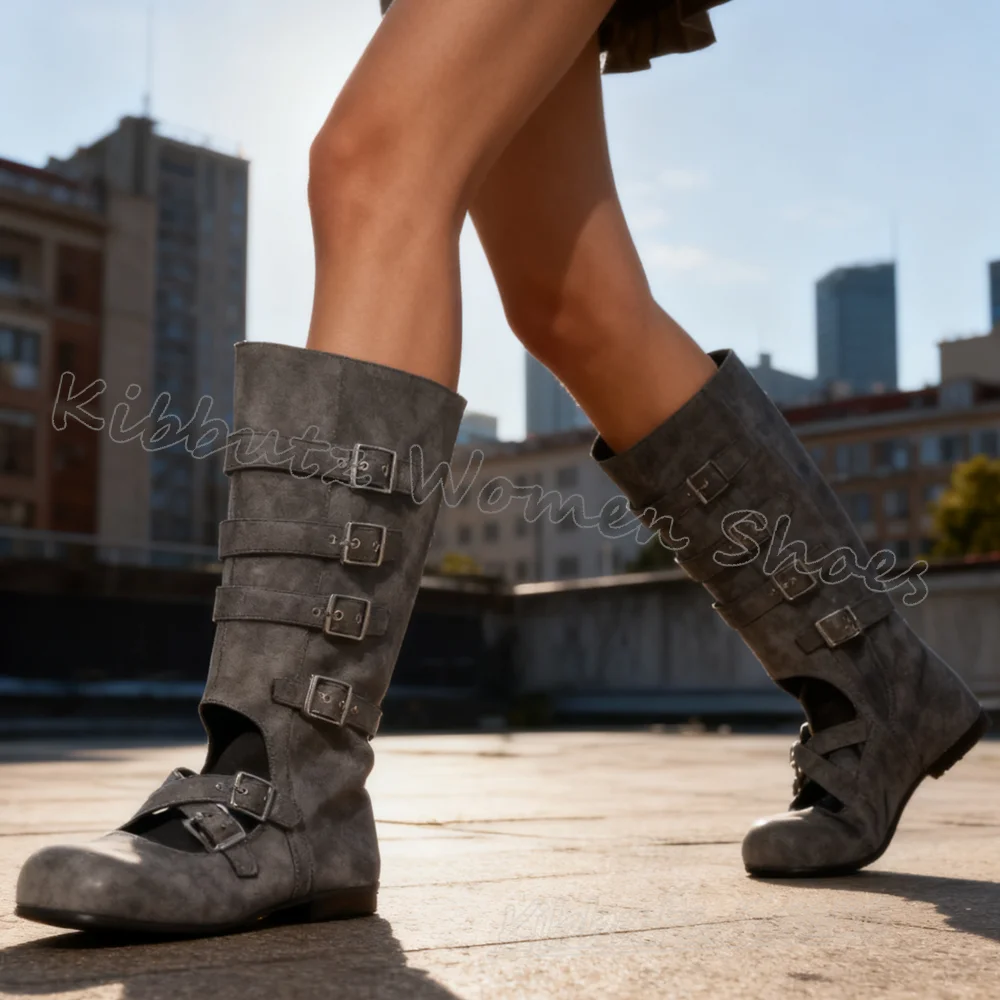 

Belt Buckles Ballet Pumps Boots Knee High Hot Girls Leather Square Toe Flat with Fashion Elegant Concise Sexy Luxury Shoes New