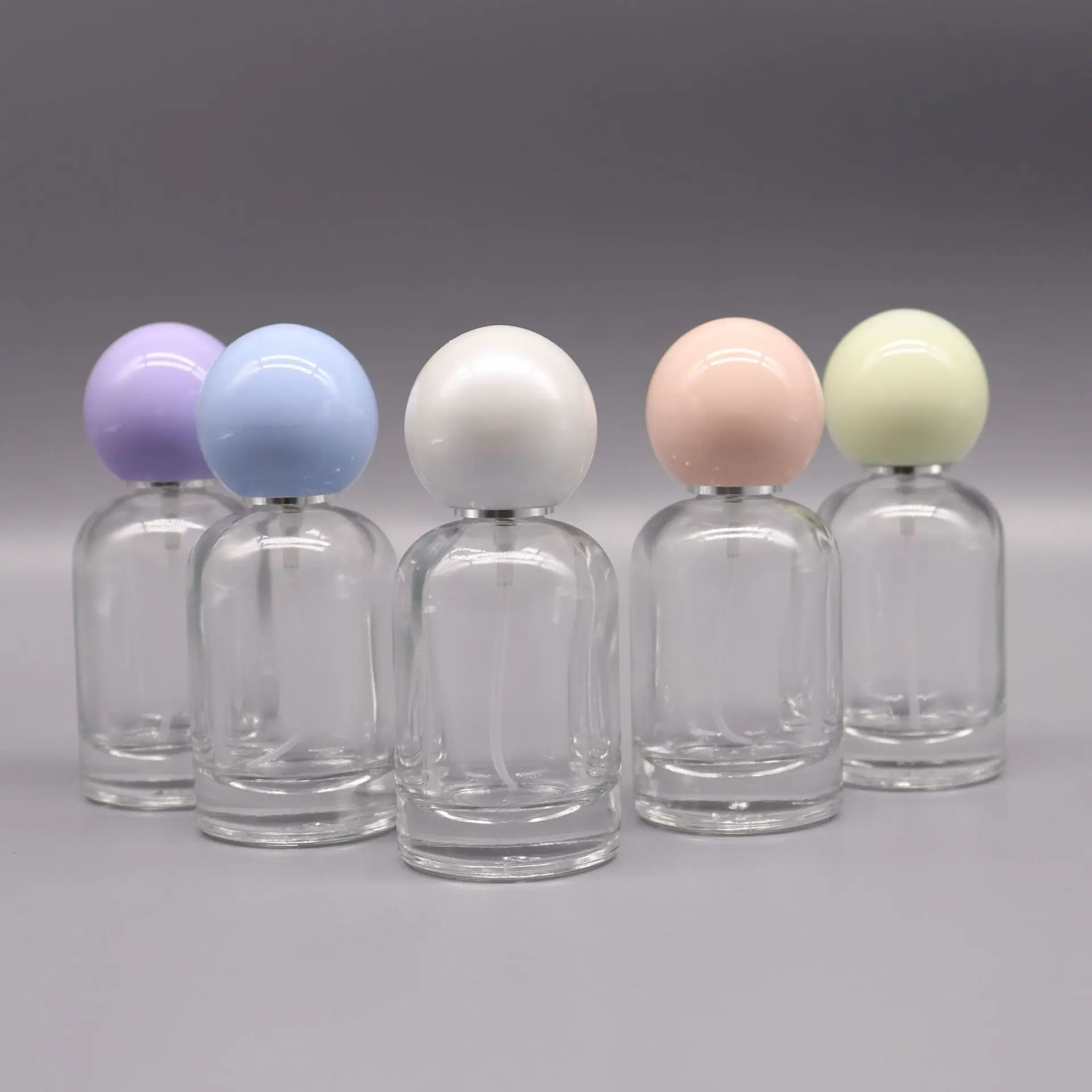 30ml Transparent Round Glass Refillable Botttle Spray Screw Pump Colorful Ball Lid Empty Cosmetic Atomizer Perfume Bottles