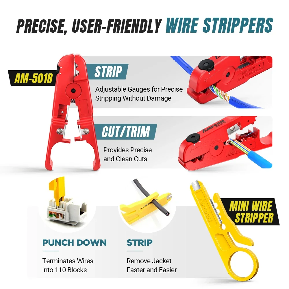 AMPCOM Network Tool Kit, Lan Tester RJ45 Crimper Cat6 CAT5E Connectors RJ11 Punch Down Tool Wire Stripper Pliers Ethernet Cable