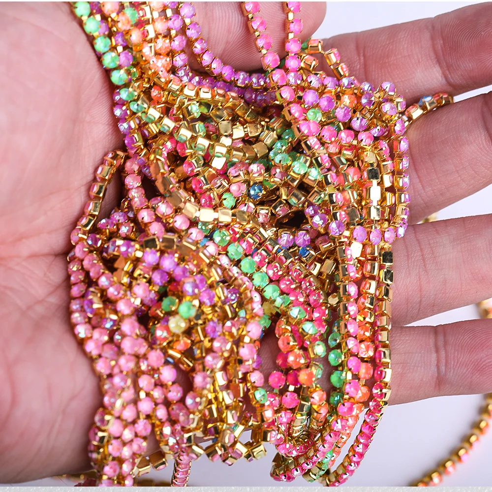 VC Gold base Fluoresce AB Glass Crystal Rhinestone Cup Chain Sew On Diamond Close Chains Glitter Trim sew on Garment