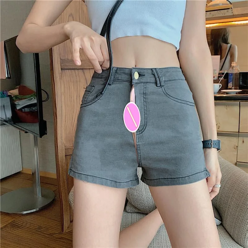 Invisible Open Crotch Double-Start Zipper Jeans Women's A- Line Super Short Shorts Women's Summer High Waist Wide-Leg Pant Black